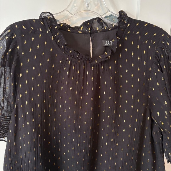 NWT J. Crew Women's Black and Gold Chiffon Smocked Puff Sleeve Top in Size M - Picture 3 of 8